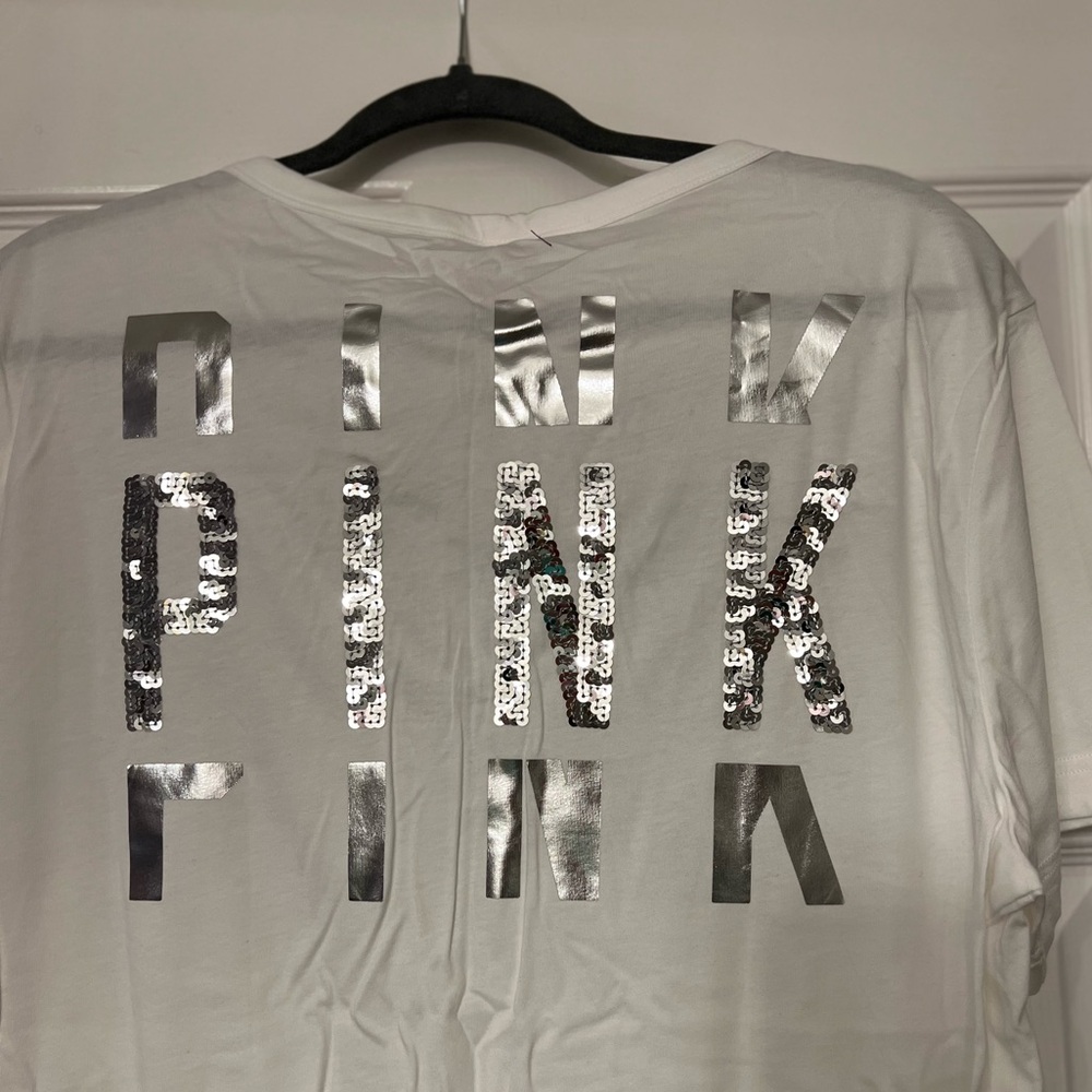PINK Victoria's Secret White Top with Silver Sequins and Logo